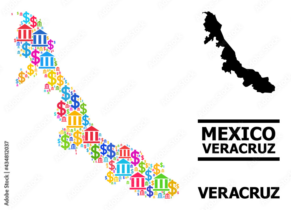 Multicolored bank and business mosaic and solid map of Veracruz State. Map of Veracruz State vector mosaic for promotion campaigns and promotion.