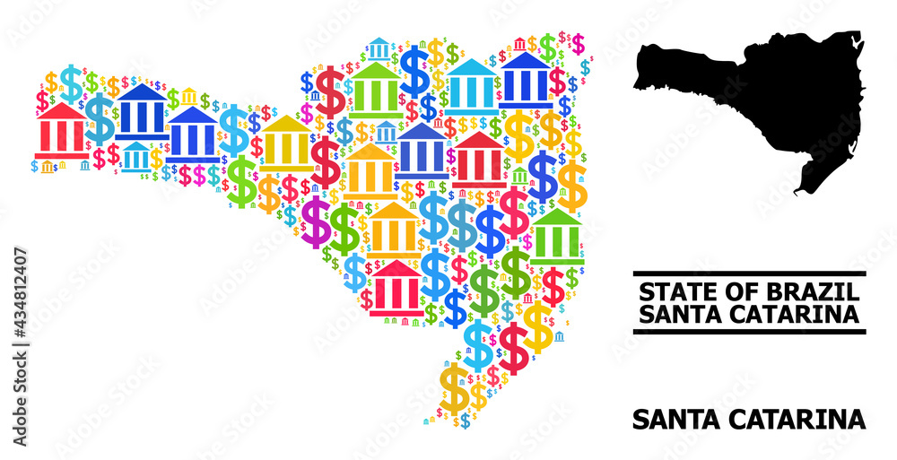 Obraz premium Multicolored bank and money mosaic and solid map of Santa Catarina State. Map of Santa Catarina State vector mosaic for advertisement campaigns and agitprop.