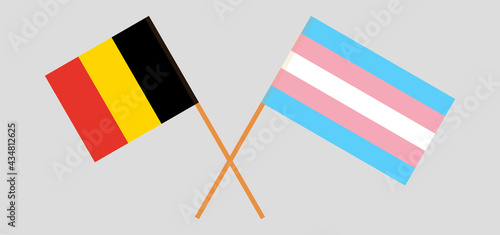 Crossed flags of Belgium and transgender pride. Official colors. Correct proportion