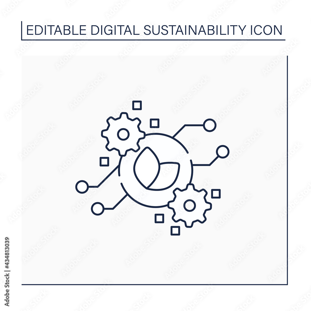 Obraz premium Green computing line icon. Secure environmental computing technologies.Eco-friendly computers use. Digital sustainability concept.Isolated vector illustration.Editable stroke