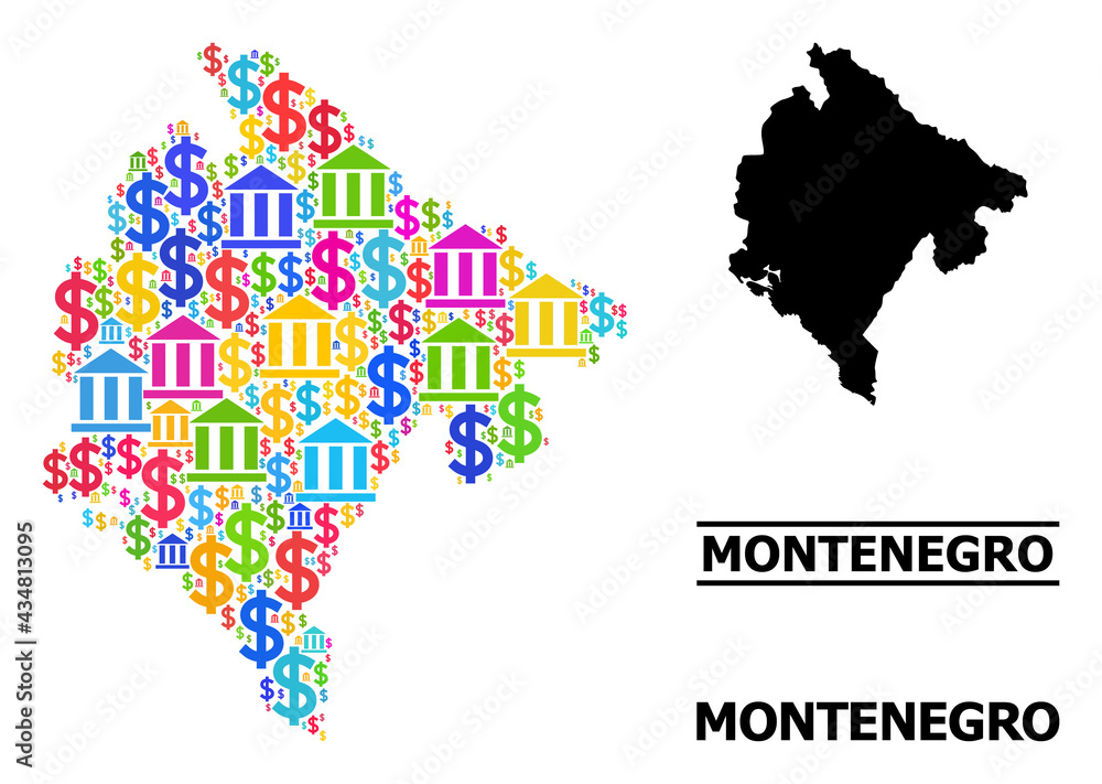 Naklejka premium Multicolored bank and dollar mosaic and solid map of Montenegro. Map of Montenegro vector mosaic for geographic campaigns and purposes.