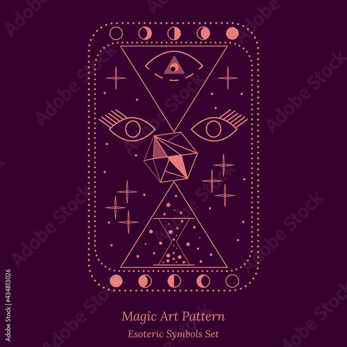 Esoteric symbol of opening third eye of the soul. Science Illustration, look into universe concept. Vector outline drawing style design for tarot cards, social networks, groups, web pages.