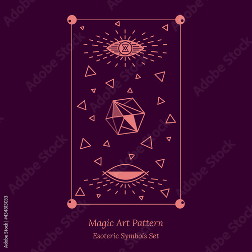Esoteric symbol of opening third eye of the soul. Science Illustration, look into universe concept. Vector outline drawing style design for tarot cards, social networks, groups, web pages.