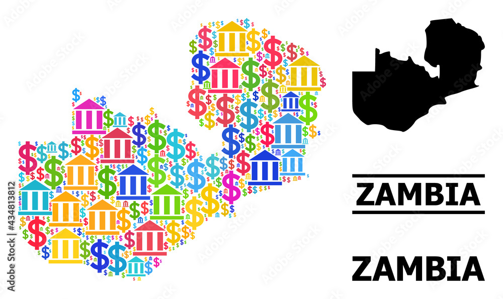 Fototapeta premium Colored banking and commerce mosaic and solid map of Zambia. Map of Zambia vector mosaic for promotion campaigns and promotion. Map of Zambia is created from colored bank and dollar symbols.