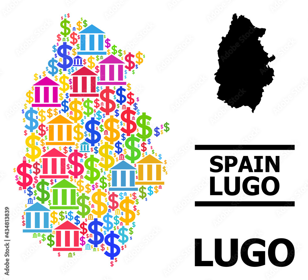 Colorful bank and dollar mosaic and solid map of Lugo Province. Map of Lugo Province vector mosaic for ads campaigns and posters.