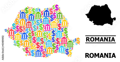 Bright colored bank and business mosaic and solid map of Romania. Map of Romania vector mosaic for advertisement campaigns and agitation.