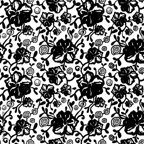 Monochrome floral seamless pattern with petunia. Black flowers and leaves on white background. Hand drawn vector illustration. Vintage floral print