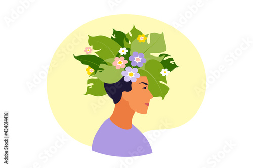 Mental health, happiness, harmony concept. Happy man head with flowers inside. Mindfulness, positive thinking, self care idea. Vector illustration. Flat.