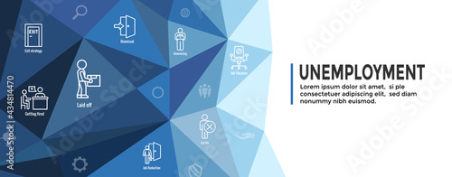 Job Loss, Downsizing, Getting Fired, Unemployment due to Covid 19 or Coronavirus Icon Set Web Header Banner