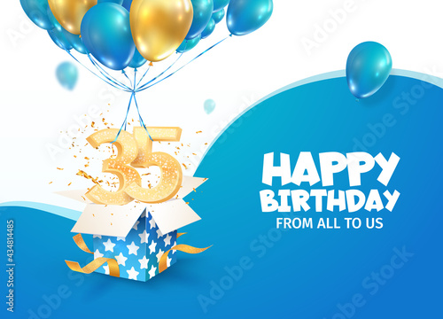 Celebrating 35th years birthday vector illustration. Thirty five anniversary celebration. Adult birth day. Open gift box with numbers three and eight flying on balloons