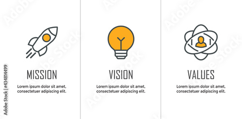 Mission Vision and Values Icon Set with mission statement, vision icon, etc photo