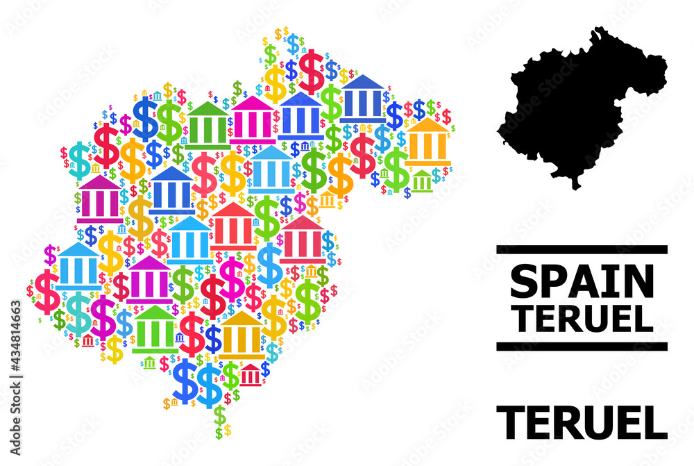 Obraz premium Colorful bank and dollar mosaic and solid map of Teruel Province. Map of Teruel Province vector mosaic for geographic campaigns and doctrines.