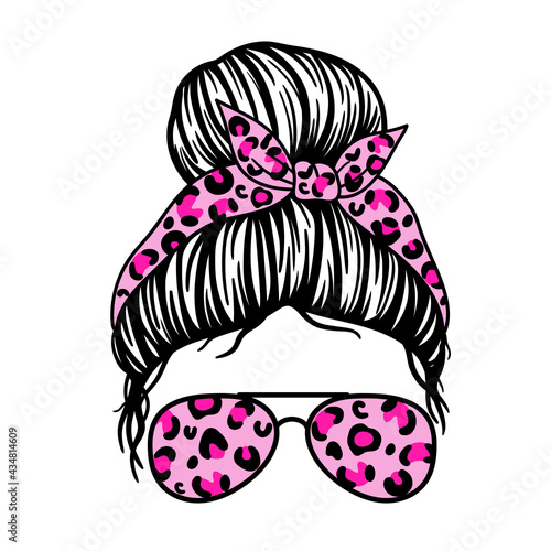 Woman face with aviator glasses bandana and leopard print. Messy Bun Mom Lifestyle. Vector illustration.  Isolated on white background. Good for posters, t shirts, postcards.