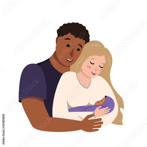 Interracial international family. The husband hugs his wife with the baby in her arms. The multiethnic mom and dad are happy and smiling. The family cares and loves the newborn