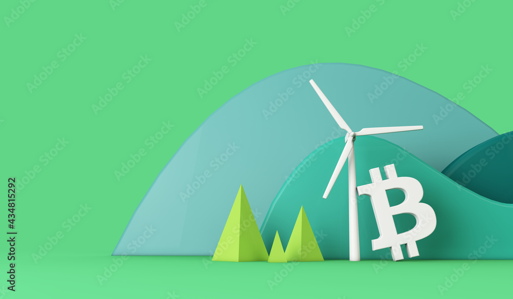Bitcoin with a wind turbine in a green eco landscape. 3D Rendering