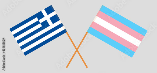 Crossed flags of Greece and transgender pride. Official colors. Correct proportion