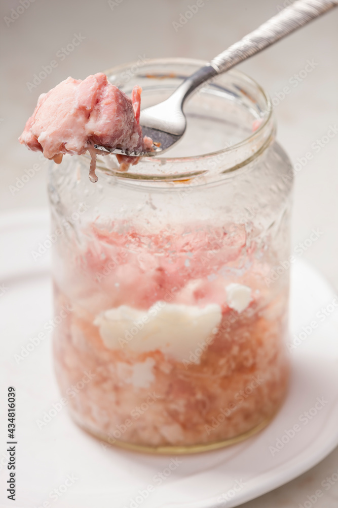 cooked pork meat in the glass jar cooked pork meat in the glass jar