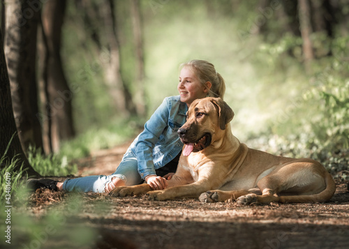 Beste Freunde - ein Kind lehnt sich an seinen Hund, einen Broholmer, an und beide genießen in der Natur den Sonnenuntergang an einem Frühlingstag