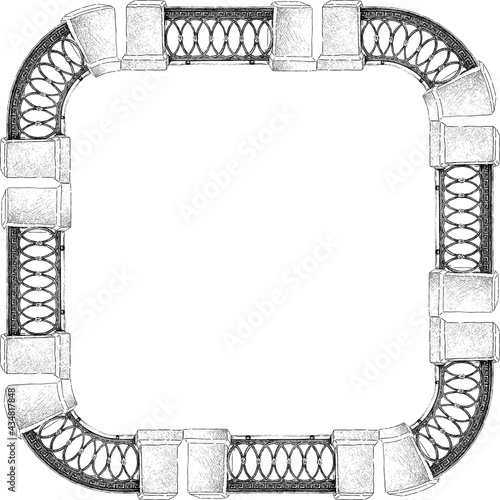 Vector image of square frame from sketches vintage architectural embankment fence