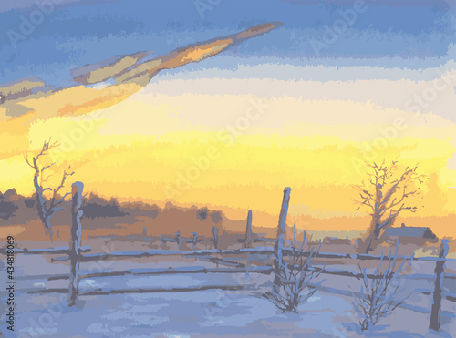 Vector watercolor landscape of winter yellow frosty sunset in countryside