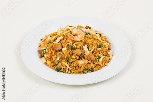 Meat and shrimps fried rice and noodles.