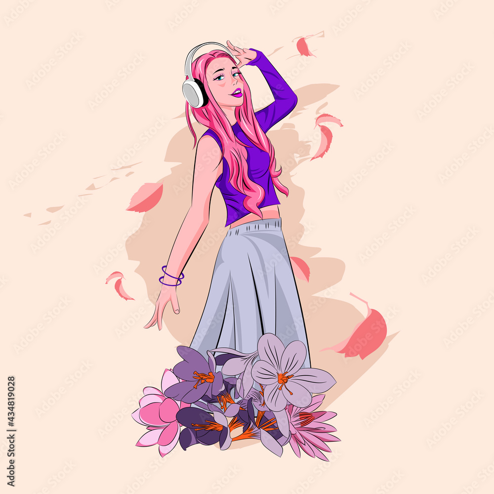 ilustración en vectores de chica con estilo escuchando música con adornos de flores 