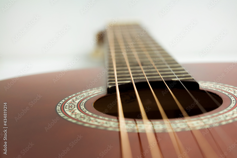 Classical guitar close up, classical guitar fretboard on white background Classical guitar close up, classical guitar fretboard on white background