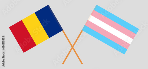 Crossed flags of Romania and transgender pride. Official colors. Correct proportion