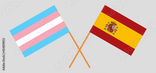 Crossed flags of Spain and transgender pride. Official colors. Correct proportion