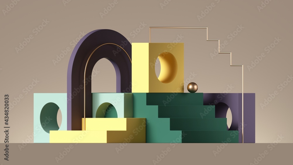 3d render, abstract colorful background with geometric composition. Playground with steps, blocks and arch. Modern showcase scene for product presentation 3d render, abstract colorful background with geometric composition. Playground with steps, blocks and arch. Modern showcase scene for product presentation