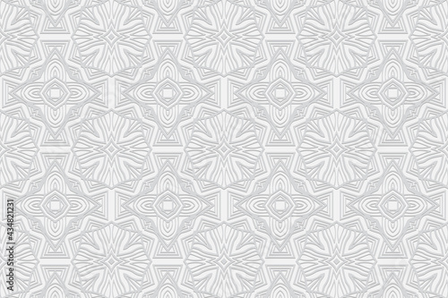 3D volumetric convex embossed geometric white background. Ethnic pattern with national oriental flavor. Abstract graceful ornament for wallpaper.