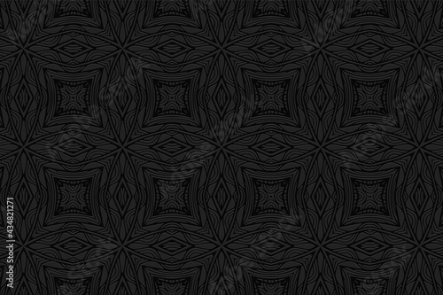3D volumetric convex embossed geometric black background. Ethnic pattern with national oriental flavor. Trendy ornament for wallpaper, website, textile, presentation.