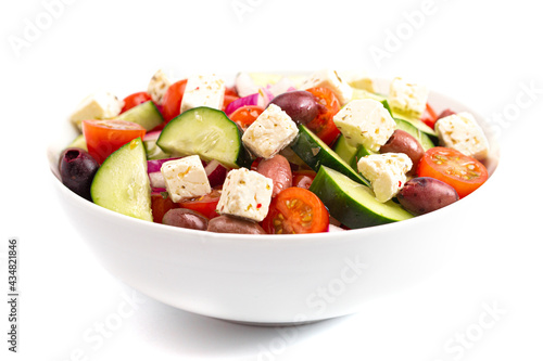 Bowl of Fresh Greek Salad with Cucumbers Tomatoes Olives and Feta Cheese