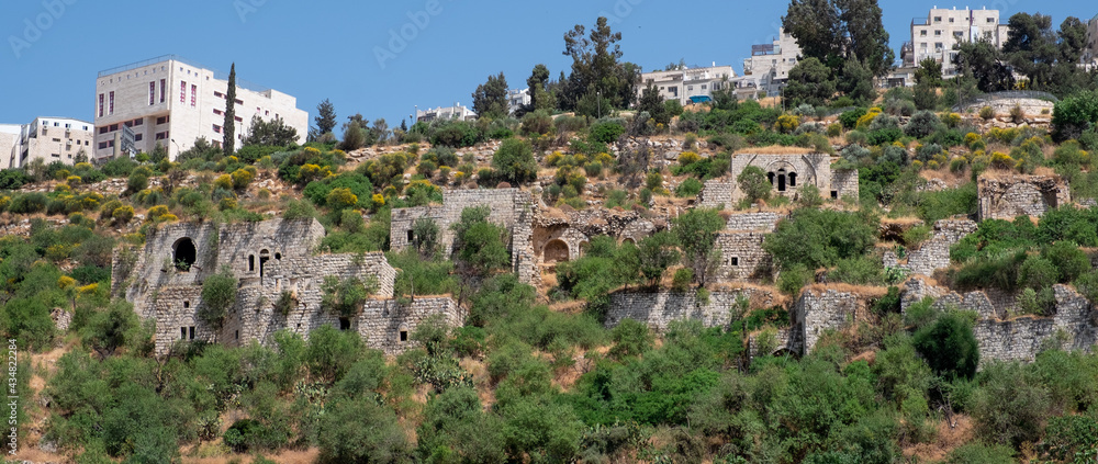 A view of abandoned village of Lifta on the western outskirts of Jerusalem, in the background a view of Jerusalem.