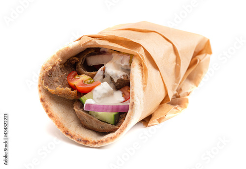 Canvas Print A Gyro with Vegetables and Garlic White Sauce on a White Background