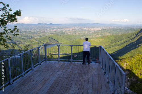 Tourists enjoy the beautiful view from Mount Kablar. Mount Kablar is located in western Serbia.