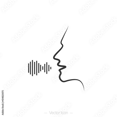 Talking human side profile. Sound waves. Voice recognition, singing, Voice control, noise concept. Isolated vector illustration.