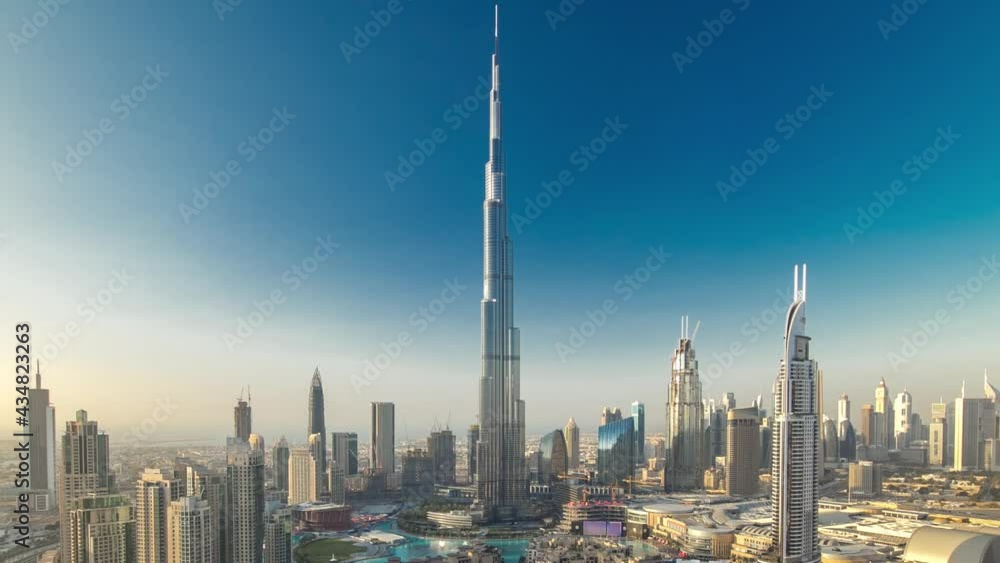 Dubai Downtown evening timelapse with Burj Khalifa and other towers paniramic view from the top in Dubai, United Arab Emirates. Shadows moves very fast. Traffic on circle road and fountains Dubai Downtown evening timelapse with Burj Khalifa and other towers paniramic view from the top in Dubai, United Arab Emirates. Shadows moves very fast. Traffic on circle road and fountains