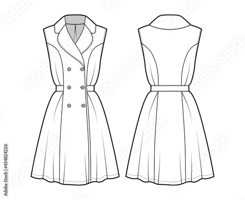 Dress coat trench technical fashion illustration with double breasted, sleeveless, fitted body, knee length semi-circular skirt. Flat apparel front, back, white color style. Women, unisex CAD mockup