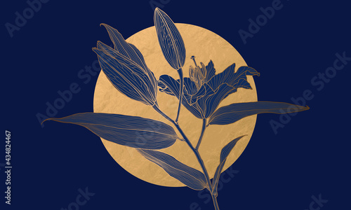 Luxury art deco gold metallic lily flower linear drawing and moon on deep blue. Wallpaper design for print, poster, cover, banner, fabric, invitation, postcard, packaging. Digital vector illustration.