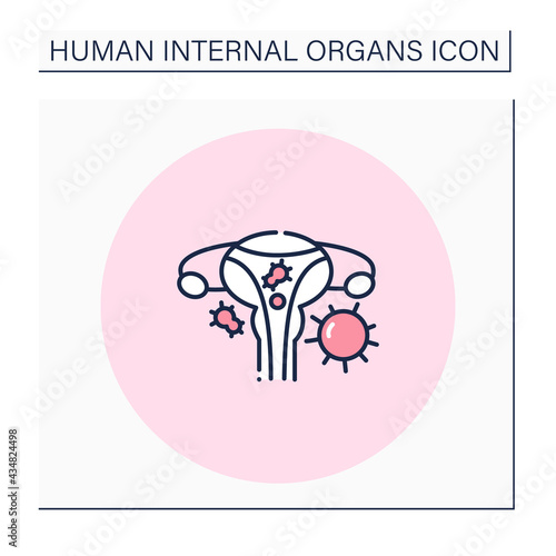 Reproductive system color icon.Reproductive organ disease.Inflammatory process in vagina, uterus, fallopian tubes, and ovaries.Human internal organs concept.Isolated vector illustration