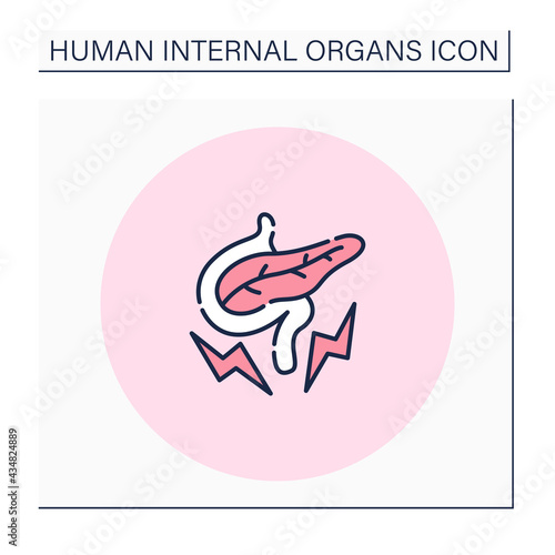 Pancreas color icon. Cancer pancreas. Inflammatory process in organ. Medical treatment. Finding problems. Human internal organs concept.Isolated vector illustration