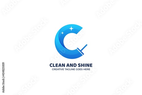 Blue Letter C Cleaning Brush Service Logo Template