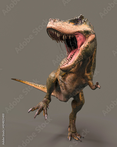 green tyrannosaurus rex is standing up on dark background © DM7