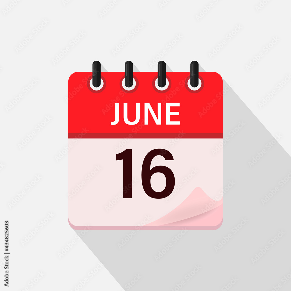 Fototapeta premium June 16, Calendar icon with shadow. Day, month. Flat vector illustration.