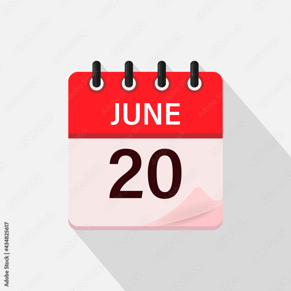 June 20, Calendar icon with shadow. Day, month. Flat vector illustration. June 20, Calendar icon with shadow. Day, month. Flat vector illustration.