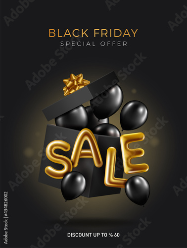 Black friday sale background with transparent realistic balloons. Modern design.Universal vector background for poster, banners, flyers, card.