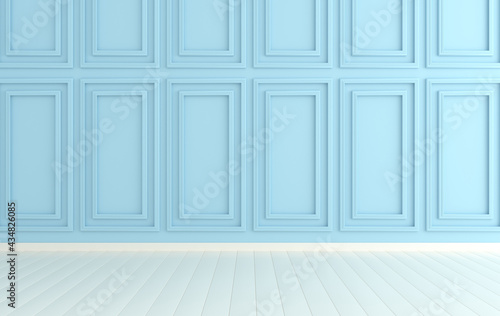Classic interior walls with copy space. Walls with ornated mouldings panels and wooden floor, classic cornice. Floor parquet. 3d rendering digital interior mock up Illustration. Blue and white colors