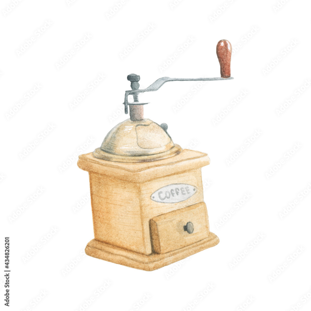 Watercolor clipart antique coffee grinder.Hand draw illustration Watercolor clipart antique coffee grinder.Hand draw illustration