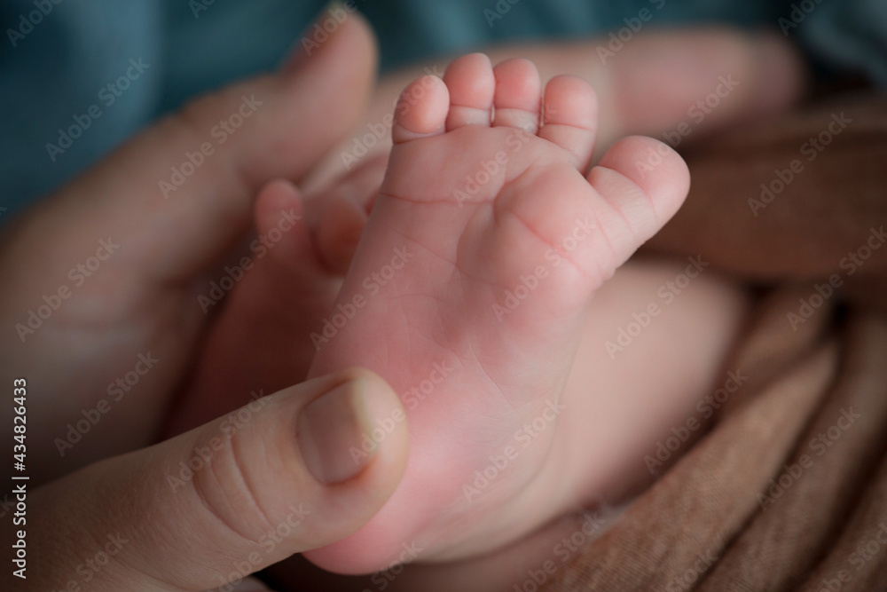 Children's feet in hold hands of mother and father. Mother, father and Child. Happy Family people concept. Children's feet in hold hands of mother and father. Mother, father and Child. Happy Family people concept.